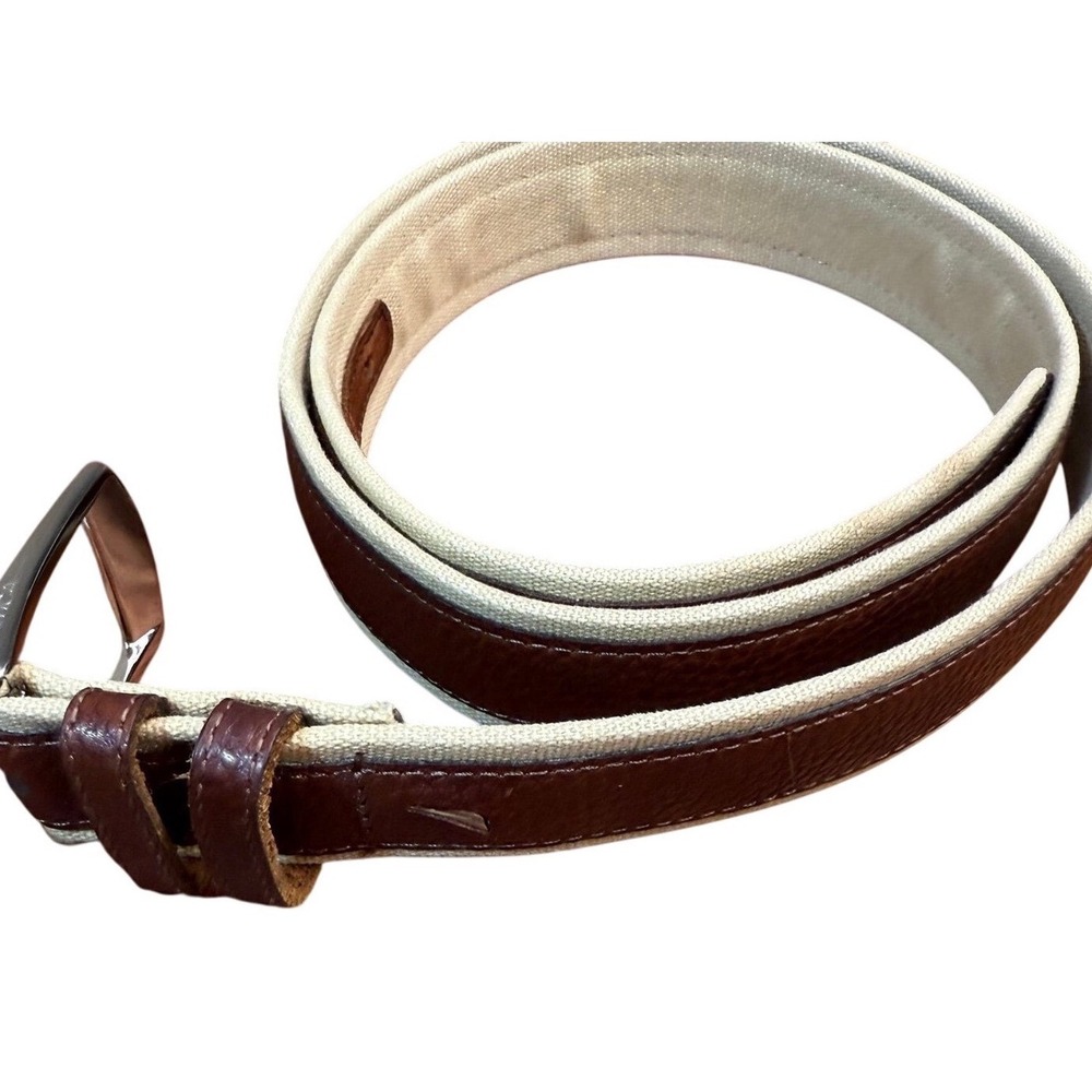 Nautica Mens Canvas and Leather Inlay Belt Brown Beige Silver Buckle Nautical